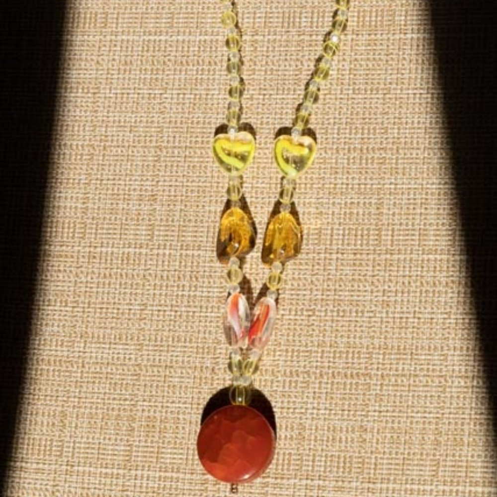 Translucent Yellow Orange Glass & Resin Beads w Red Stone Necklace